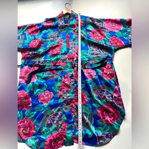 Kathryn Vibrant Vintage 80’Baroque Floral Jewel Tone Satin Lingerie Kimono Robe - Picture 5 of 7